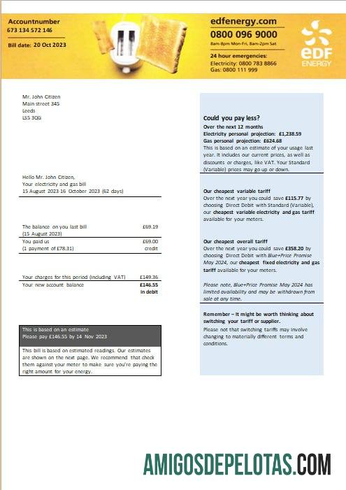 Reino Unido EDF Energia Eletricidade e Gás Formatos Word e PDF amostra